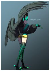 Rule 34 | 1girl, absurdres, ass, bird legs, black feathers, black hair, black wings, claws, colored inner hair, feathered wings, feathers, green hair, harpy, highres, jacket, jacket partially removed, looking at viewer, medium hair, monster girl, multicolored hair, original, scales, shorts, signature, slit pupils, solo, talons, toipokun oyashi, wings, yellow eyes, yellow shorts