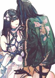 Rule 34 | 2girls, acyantree, bare shoulders, black gloves, black hair, blunt bangs, blunt ends, chest sarashi, chinese commentary, collarbone, commentary, dagger, face-to-face, gekkabijin (path to nowhere), gloves, green haori, half-closed eyes, half gloves, hand on another&#039;s thigh, highres, hime cut, holding, holding dagger, holding knife, holding weapon, japanese clothes, kimono, knife, lips, long hair, looking at another, multicolored hair, multiple girls, off shoulder, partially undressed, path to nowhere, red eyes, restrained, sarashi, shibari, shibari over clothes, side ponytail, smile, streaked hair, sumire (path to nowhere), thigh strap, weapon, white kimono