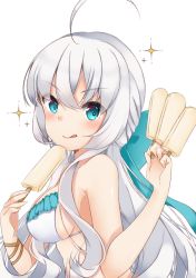 Rule 34 | 1girl, :q, ahoge, akino (1i1i1i1i), aqua eyes, bad id, bad pixiv id, bare arms, bare shoulders, between fingers, bikini, blue bow, blush, bow, breasts, character request, closed mouth, commentary request, fingernails, food, hair between eyes, hair bow, highres, holding, holding food, long hair, looking at viewer, looking to the side, medium breasts, original, popsicle, sideboob, silver hair, simple background, smile, solo, sparkle, swimsuit, tongue, tongue out, upper body, v-shaped eyebrows, very long hair, white background, white bikini