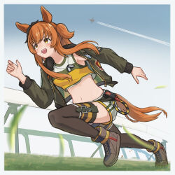 1girl absurdres animal_ears armpits blush bomber_jacket breasts cocoa_inryo commentary_request crop_top fence full_body grass hair_ornament highres horse_ears horse_girl horse_tail jacket mayano_top_gun_(umamusume) navel open_mouth orange_eyes orange_hair running shorts solo sweat tail thighhighs umamusume