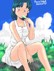Rule 34 | 00s, 1girl, 2004, aliasing, artist name, awatake takahiro, bare legs, bare shoulders, black eyes, blue hair, blush, cloud, dated, dress, food, grass, outdoors, popsicle, sexually suggestive, short hair, sitting, sky, solo, sundress