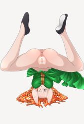 Rule 34 | 1girl, anus, ass, blue eyes, breasts, highres, hong meiling, inugami-ke no ichizoku pose, large breasts, no panties, one eye closed, pussy, red hair, simple background, siu (zanha1 1hazen), solo, spread legs, stuck, touhou, white background