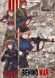 Rule 34 | !, 2others, 6+girls, absurdres, aiming, aircraft, airplane, arms behind head, army, assault rifle, bare arms, battle, battleship, belt, belt buckle, belt pouch, beret, bilingual, black belt, black gloves, black headwear, black jacket, black skirt, blonde hair, blue eyes, blue jacket, blush, bolt action, braid, brown eyes, brown hair, buckle, building, camouflage, camouflage jacket, casing ejection, caterpillar tracks, character request, close-up, closed mouth, cocking gun, collared jacket, collared shirt, combat helmet, couch, cowboy shot, cross, darjeeling (girls und panzer), destruction, drawing (object), english text, explosion, eye focus, eyelashes, firing, flying, from above, garrison cap, gas mask, girls und panzer, gloves, goggles, green jacket, grey gloves, grey hair, grey headwear, grey pants, grey shirt, gun, gun sling, hair between eyes, handgun, hat, hat ornament, helmet, highres, holding, holding gun, holding magazine (weapon), holding weapon, holstered, hood, hood down, hooded jacket, indoors, iron cross, itsumi erika, jacket, lapels, lee-enfield, legs, long bangs, long hair, long sleeves, looking at viewer, looking away, looking to the side, looking up, luger p08, lying, m1911, m1 abrams, m43 field cap, machine gun, magazine (weapon), mask, medium hair, military, military hat, military jacket, military truck, military uniform, military vehicle, missile, mixed-language text, motor vehicle, mp40, multiple girls, multiple monochrome, multiple others, nishizumi maho, notched lapels, ocean, on chair, on stomach, one side up, open mouth, orange pekoe (girls und panzer), outdoors, pants, pleated skirt, pocket, pouch, propeller, pump action, purple eyes, reclining, red shirt, red skirt, red stripes, red trim, relaxing, rifle, rocket launcher, rukuriri (girls und panzer), scope, shell casing, ship, shirt, short hair, short shorts, shorts, shotgun, single braid, sitting, skirt, sky, sleeveless, sleeveless shirt, smoke, sniper rifle, soldier, sten gun, stg44, submachine gun, tank, thompson submachine gun, tigern (tigern28502735), trigger discipline, truck, turret, under fire, uniform, upper body, vehicle focus, vehicle request, walther, walther p38, warship, watercraft, weapon, white gloves, winchester model 1897, world war ii, yellow eyes