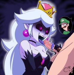 Rule 34 | 1boy, 1girl, absurdres, bare shoulders, black dress, black gloves, black sclera, breasts, cabronpr, choker, cleavage, colored sclera, colored tongue, dress, earrings, elbow gloves, erection, facial hair, fellatio, gloves, glowing, glowing eyes, hat, hetero, highres, jewelry, lipstick, long hair, long tongue, luigi, makeup, mario (series), medium breasts, mustache, nintendo, open mouth, oral, penis, pink eyes, princess king boo, purple tongue, sharp teeth, super crown, teeth, testicles, tongue, tongue out, tonguejob, uncensored, upper teeth only, white hair