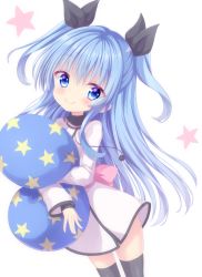 Rule 34 | 1girl, absurdres, black ribbon, black thighhighs, blue eyes, blue hair, blush, bow, closed mouth, commentary request, dress, hair between eyes, hair ribbon, hakuto momiji, highres, long hair, long sleeves, noel (sora no method), hugging object, pink bow, pom pom (clothes), ribbon, smile, solo, sora no method, star (symbol), star in eye, symbol in eye, thighhighs, two side up, very long hair, white background, white dress, wide sleeves
