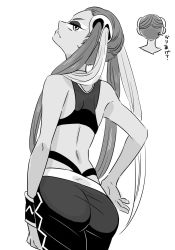 Rule 34 | 1girl, amagaeru (amapippi052525), ass, bare shoulders, creatures (company), from behind, game freak, greyscale, hair ornament, highres, long hair, looking back, monochrome, nintendo, pants, plumeria (pokemon), pokemon, pokemon sm, simple background, skull hair ornament, solo, team skull, twintails, white background, wristband