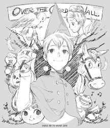 Rule 34 | 1girl, 2boys, bird, blush, branch, character request, closed mouth, copyright name, feathers, frog, greyscale, hat, holding, horse, lantern, leaf, long sleeves, monochrome, multiple boys, musical note, onegingek, over the garden wall, simple background, smile, upper body