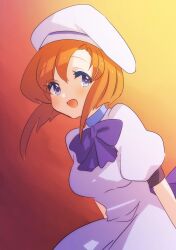 Rule 34 | 1girl, asymmetrical bangs, back bow, blue bow, blue bowtie, blue collar, blue eyes, blush, bow, bowtie, collar, collared dress, commentary, dress, eyelashes, gradient background, hanada hyou, hat, highres, higurashi no naku koro ni, looking at viewer, open mouth, orange hair, puffy short sleeves, puffy sleeves, red background, ryuuguu rena, short hair, short sleeves, smile, sunset, two-tone background, upper body, white dress, white hat, yellow background