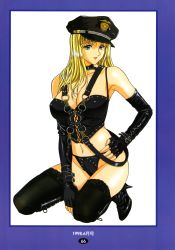 Rule 34 | 1990s (style), 1998, 1girl, absurdres, bare shoulders, black footwear, black gloves, black panties, black thighhighs, blonde hair, blue border, blue eyes, bondage outfit, boots, border, breasts, bustier, character request, cleavage, collar, color halftone, copyright request, dated, elbow gloves, fingerless gloves, full body, gloves, hand on own hip, hat, high heel boots, high heels, highres, huge filesize, knee boots, kneeling, lace, lace-trimmed legwear, lace trim, lipstick, long hair, looking at viewer, makeup, medium breasts, midriff, navel, panties, parted lips, peaked cap, pink lips, retro artstyle, scan, scan artifacts, simple background, solo, thighhighs, thong, underwear, white background, yoshizane akihiro