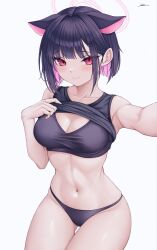 Rule 34 | animal ears, armpits, artist name, black hair, black panties, blue archive, breasts, cat ears, cleavage, clothes lift, collarbone, colored inner hair, deokchun, extra ears, hair ornament, halo, highres, kazusa (blue archive), lifted by self, medium breasts, multicolored hair, navel, panties, pink eyes, pink hair, selfie, short hair, signature, simple background, smile, sports bra, thighs, underwear, white background