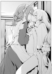 Rule 34 | 2girls, against wall, apron, assertive female, blush, braid, breasts, clothes lift, commentary request, contrapposto, curtains, day, eyelashes, closed eyes, greyscale, hairband, hand on breast, hand under clothes, highres, indoors, kiss, leg between thighs, long hair, maid, maid apron, monochrome, multiple girls, navel, original, pantyhose, shirt lift, small breasts, stomach, yuri, zanka (the-only-neat)
