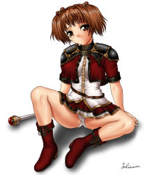 Rule 34 | 1girl, arm support, armor, armored dress, blush, boots, breasts, brown eyes, brown hair, cleavage, dress, fantasy, hair bobbles, hair ornament, highres, legs, masa yuki, medium breasts, multicolored clothes, multicolored dress, panties, pantyshot, scepter, short hair, short twintails, sitting, skirt, smile, solo, twintails, underwear, upskirt, yukimasa (nkk145)