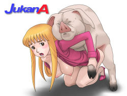 Rule 34 | 1girl, akimoto katherine reiko, bent over, bestiality, blonde hair, blush, bottomless, breasts, doggystyle, jukan a extra 2, kneeling, kochikame, open mouth, pig, sex, sex from behind, text focus, vaginal, yoshino momiji