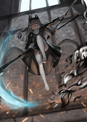 Rule 34 | 1girl, action, animal ears, boots, cat ears, commentary request, dark souls (series), dokomon, dress, dual wielding, garter straps, girls&#039; frontline, habit, highres, holding, indoors, jumping, korean commentary, long hair, long sleeves, looking at viewer, p7 (girls&#039; frontline), purple eyes, scythe, solo, symbol-shaped pupils, thigh boots, thighhighs, white hair, white thighhighs