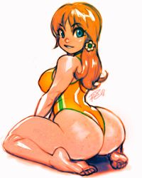 Rule 34 | 1girl, alternate hairstyle, ass, back, barefoot, breasts, covered erect nipples, curvy, female focus, hair down, higher resolution available, highres, hip focus, huge ass, kneeling, looking back, mario (series), medium breasts, nintendo, one-piece swimsuit, princess daisy, red hair, robaato, shiny skin, smile, solo, super mario bros. 1, super mario land, swimsuit, thick thighs, thighs, wide hips