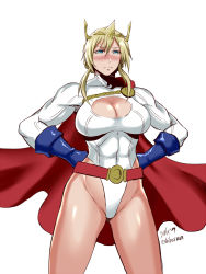 Rule 34 | 1girl, artoria pendragon (all), artoria pendragon (fate), artoria pendragon (lancer) (fate), blonde hair, blue eyes, blue gloves, blush, breasts, cape, cleavage, cleavage cutout, clenched hand, clothing cutout, cosplay, dc comics, embarrassed, fate/grand order, fate (series), gloves, heattech leotard, huge breasts, leotard, muscular, power girl, saber (fate), shibusun, solo, standing, superhero costume, turtleneck