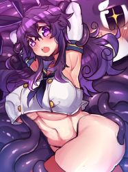 Rule 34 | 1girl, armpits, black bow, black neckerchief, bow, breasts, commentary request, cosplay, crop top, curly hair, elbow gloves, gloves, hair bow, hands up, highleg, huge breasts, kantai collection, long hair, looking at viewer, neckerchief, nyarla (osiimi), open mouth, original, osiimi, purple eyes, purple hair, red thighhighs, round teeth, shimakaze (kancolle), shimakaze (kancolle) (cosplay), solo, teeth, tentacles, thick thighs, thighhighs, thighs, underboob, white gloves