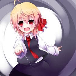 Rule 34 | 1girl, bad id, bad pixiv id, blonde hair, dress shirt, fang, hair ribbon, kuroyume (dark495), looking at viewer, necktie, needle, open mouth, red eyes, red necktie, ribbon, rumia, shirt, short hair, skirt, skirt set, smile, solo, touhou
