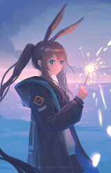 Rule 34 | 1girl, amiya (arknights), arknights, ascot, black skirt, blue ascot, blue collar, blue eyes, brown hair, collar, cowboy shot, evening, extra ears, fireworks, highres, holding fireworks, hood, hood down, hooded jacket, huhv., jacket, long hair, long sleeves, open clothes, open jacket, outdoors, ponytail, shirt, sidelocks, skirt, smile, solo, sparkler, very long hair, white shirt