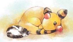 Rule 34 | ampharos, black eyes, blush, cat, commentary request, creatures (company), curled up, game freak, gen 2 pokemon, looking at another, lying, nintendo, no humans, on stomach, pokemon, pokemon (creature), sleeping, tansho