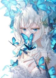 Rule 34 | 1girl, absurdres, blue butterfly, blue eyes, breasts, bug, butterfly, cleavage, collarbone, covering own mouth, floral print, flower, frills, hair between eyes, highres, insect, large breasts, long hair, nekozuki yuki, original, pointy ears, solo, white background, white flower, white hair