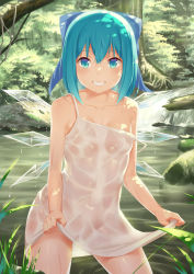 Rule 34 | 1girl, alternate costume, bad id, bad pixiv id, blue eyes, blue hair, bow, breasts, cirno, collarbone, day, dress, forest, hair bow, highres, ice, ice wings, looking at viewer, matching hair/eyes, nature, no bra, no panties, outdoors, pond, revision, see-through, short hair, small breasts, smile, solo, strap slip, sundress, touhou, water, waterfall, wet, white dress, wings, yizhirenben