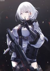 Rule 34 | 1girl, artist name, black gloves, black shorts, black thighhighs, breasts, commentary, drum magazine, earpiece, elbow gloves, finger to mouth, girls&#039; frontline, gloves, gun, hand up, highres, holding, holding weapon, jacket, light machine gun, long sleeves, looking at viewer, machine gun, magazine (weapon), medium breasts, nekoya (liu), parted lips, purple eyes, rpk, rpk-16, rpk-16 (girls&#039; frontline), short shorts, shorts, shushing, solo, standing, thighhighs, weapon, white hair, white jacket, wide sleeves