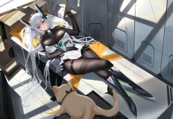 Rule 34 | 1girl, absurdres, antenna hair, arm up, black bodysuit, blush, bodysuit, box, breasts, cardboard box, cat, cleavage, crosscore, crossed legs, dress, from above, full body, hair between eyes, hand on own stomach, headgear, highres, indoors, large breasts, legs, locker, long hair, looking to the side, lying, mirror, nick laojiao, noctilucent (crosscore), open mouth, pillow, red eyes, skirt, tile floor, tiles, very long hair, white dress, white hair, yellow pillow