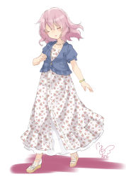 Rule 34 | 1girl, alternate costume, blue jacket, blush, casual, closed eyes, collarbone, commentary request, contemporary, dress, floral print, flower bracelet, full body, hair between eyes, head tilt, highres, jacket, jewelry, necklace, no headwear, no nose, parted lips, petticoat, pink hair, puffy short sleeves, puffy sleeves, saigyouji yuyuko, shoes, short hair, short sleeves, signature, simple background, solo, standing, touhou, toutenkou, white background, white dress