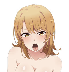 Rule 34 | 1girl, absurdres, asymmetrical bangs, bad id, bad pixiv id, blush, breasts, completely nude, hair between eyes, highres, isshiki iroha, nude, out-of-frame censoring, out of frame, portrait, simple background, solo, tagme, tongue, tongue out, white background, yahari ore no seishun lovecome wa machigatteiru.