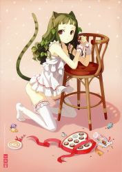 Rule 34 | 1girl, absurdres, animal ears, bare shoulders, box, box of chocolates, brown hair, candy, cat ears, cat tail, chair, chocolate, dress, eating, food, frilled thighhighs, frills, h2so4, heart, heart-shaped box, highres, jar, leaf, legs, lingerie, lollipop, long hair, nightgown, no shoes, original, red eyes, skirt, solo, swirl lollipop, tail, thighhighs, underwear, white thighhighs, zettai ryouiki