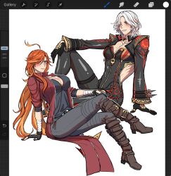 1boy 1girl ahoge artist_request black_bikesuit blue_eyes breasts coat cosplay crossdressing dante_(devil_may_cry) dante_(devil_may_cry)_(cosplay) devil_may_cry_(series) devil_may_cry_5 genshin_impact highres large_breasts looking_at_viewer mavuika_(genshin_impact) mavuika_(genshin_impact)_(cosplay) multicolored_hair orange_hair procreate_(software) red_coat red_hair screencap tagme two-tone_hair white_hair