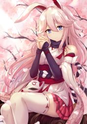 Rule 34 | 1girl, animal ears, artist request, cherry blossoms, closed mouth, fox ears, fox mask, highres, honkai (series), honkai impact 3rd, in tree, japanese clothes, long hair, looking at viewer, mask, miko, official art, outdoors, own hands together, petals, pink hair, pink skirt, purple eyes, sitting, sitting in tree, skirt, smile, solo, thighhighs, thighs, tree, white sleeves, white thighhighs, yae sakura, yae sakura (gyakushinn miko)