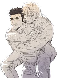 Rule 34 | 2boys, ao isami, artist request, black hair, blonde hair, blood, blood on face, carrying, clenched teeth, couple, cowboy shot, facial hair, hug, lewis smith, looking ahead, male focus, multiple boys, muten roushi, piggyback, sideburns stubble, stubble, teeth, thick eyebrows, yaoi, yuuki bakuhatsu bang bravern