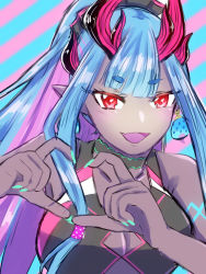 Rule 34 | 1girl, aqua hair, artist request, black one-piece swimsuit, breast cutout, breasts, cleavage cutout, clothing cutout, colored inner hair, colored skin, fate/grand order, fate (series), fingernails, green nails, grey skin, heart, heart hands, highres, horns, ibuki douji (fate), ibuki douji (swimsuit berserker) (fate), long hair, looking at viewer, multicolored hair, nail polish, one-piece swimsuit, oni horns, open mouth, pink hair, pink one-piece swimsuit, ponytail, red eyes, shiny skin, simple background, swimsuit, two-tone hair, two-tone swimsuit, very long hair, whistle, white background, wide hips