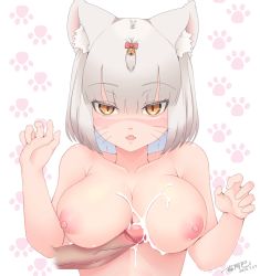 Rule 34 | 1girl, animal ear fluff, bell, bow, breasts, claw pose, collarbone, cum, cum on body, cum on breasts, cum on upper body, dated, fang, grey hair, hair bell, hair between eyes, hair bow, hair ornament, hands up, highres, jingle bell, large breasts, lips, nekonyan (nekoworld), nipples, nude, orange eyes, original, paw print, penis, puffy nipples, short hair, signature, simple background, slit pupils, solo focus, uncensored, upper body, veins, veiny penis, whiskers