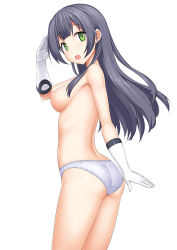 Rule 34 | 10s, 1girl, :d, agano (kancolle), ass, back, black hair, blue panties, breasts, cowboy shot, from side, gloves, green eyes, kantai collection, long hair, looking at viewer, looking back, medium breasts, nipples, open mouth, panties, panties only, salute, simple background, smile, solo, takayaki, topless, underwear, underwear only, white background, white gloves