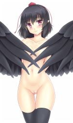 Rule 34 | 1girl, bad id, bad pixiv id, bird wings, black hair, black thighhighs, black wings, blush, collarbone, covering breasts, covering privates, hat, hat ribbon, isaki (gomi), medium hair, navel, nude, pink eyes, pointy ears, pussy, ribbon, shameimaru aya, smile, solo, thigh gap, thighhighs, tokin hat, touhou, uncensored, wings