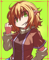 Rule 34 | 1girl, bad id, bad pixiv id, blonde hair, female focus, green eyes, grin, hakika, mizuhashi parsee, pointy ears, short hair, simple background, smile, solo, touhou, upper body