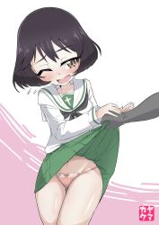 Rule 34 | 1boy, 1girl, absurdres, black hair, blush, breasts, brown eyes, clothes lift, girls und panzer, green skirt, highres, lifting another&#039;s clothes, lingerie, miniskirt, navel, one eye closed, ooarai school uniform, open mouth, panties, pink background, pink panties, pleated skirt, school uniform, short hair, simple background, skirt, skirt flip, skirt lift, small breasts, sweat, two-tone background, underwear, utsugi yuuki, white background, yamakake (tororo1293)