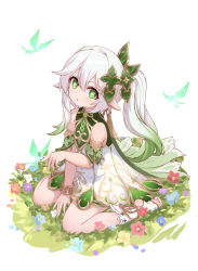 Rule 34 | 1girl, absurdres, armlet, cape, child, crystalfly (genshin impact), detached sleeves, dress, flower, genshin impact, green cape, green eyes, hair ornament, highres, insect on finger, jinfengkaze, multiple girls, nahida (genshin impact), pointy ears, short sleeves, side ponytail, simple background, solo, symbol-shaped pupils, white dress, white hair