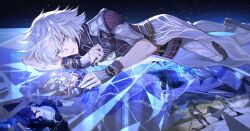 Rule 34 | 1boy, absurdres, arm guards, blue eyes, closed mouth, coat, forehead jewel, highres, jin (xenoblade), lying, male focus, medium hair, on stomach, pants, raininmoradain, short sleeves, solo, spiked hair, white coat, white hair, white pants, xenoblade chronicles (series), xenoblade chronicles 2, xenoblade chronicles 2: torna - the golden country