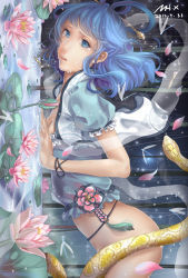Rule 34 | 1girl, blue eyes, blue hair, bottomless, breasts, cleavage, earrings, female focus, flower, hair ornament, hair rings, hair stick, jewelry, kaku seiga, lily pad, matching hair/eyes, shoumura (mix), snake, solo, tears, touhou, vest