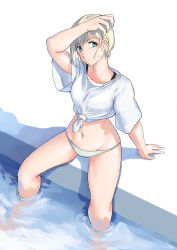 Rule 34 | 1girl, absurdres, adjusting hair, aqua eyes, arm support, collarbone, erica hartmann, from above, highres, partially submerged, pondo (peng-model), shirt, short hair, sitting, solo, spread legs, strike witches, sweat, swimsuit, water, world witches series