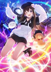 Rule 34 | 1girl, absurdres, amagai tarou, ankimo (tokino sora), baseball cap, black choker, black headwear, black hoodie, boots, brown hair, choker, commentary, disco ball, floating hair, glowstick, hair between eyes, hand on headwear, hand up, hat, headphones, highres, holding glowstick, hololive, hood, hoodie, jumping, lace-trimmed socks, long hair, looking at viewer, midair, multicolored background, nun nun (tokino sora), o-ring, o-ring choker, official alternate costume, official art, one eye closed, open mouth, penlight (glowstick), platform boots, platform footwear, purple eyes, shorts, smile, stage lights, teeth, tokino sora, tokino sora (streetwear), two-tone hoodie, upper teeth only, virtual youtuber, white hoodie