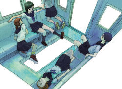 Rule 34 | 5girls, andou ikori, barefoot, icori, multiple girls, original, school uniform, serafuku, sitting, train, train interior