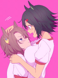 Rule 34 | 2girls, animal ears, ayame iro (toumei dolce), black hair, blue eyes, blush, breast pillow, breasts, closed mouth, eye contact, frown, hair between eyes, hair ornament, hairclip, half-closed eyes, hand on another&#039;s head, hand on another&#039;s shoulder, headpat, height difference, highres, horse ears, looking at another, medium breasts, motion lines, multiple girls, narita taishin (umamusume), open mouth, pink background, purple background, red eyes, scowl, shirt, short hair, short sleeves, smile, umamusume, upper body, white shirt, winning ticket (umamusume), yuri