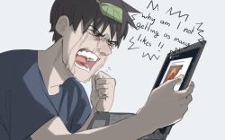 Rule 34 | 1boy, blue shirt, commentary, computer, crying, english commentary, english text, grey background, laptop, leaf, leaf on head, male focus, open mouth, original, popopoka, popopoka (character), shirt, simple background, solo, speech bubble, teeth, tongue, upper body