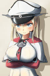 Rule 34 | 10s, 1girl, absurdres, blonde hair, blue eyes, breasts, capelet, celtic knot, cross, crossed arms, female focus, frown, gloves, graf zeppelin (kancolle), hat, highres, iron cross, kantai collection, large breasts, looking at viewer, maku ro, peaked cap, solo, sweatdrop, twintails