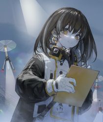Rule 34 | 1girl, arknights, black hair, closed mouth, earrings, es-ther, gloves, green eyes, highres, holding, jacket, jewelry, looking at viewer, looking to the side, magallan (arknights), medium hair, multicolored clothes, multicolored hair, multicolored jacket, sidelocks, simple background, sketch, smile, solo, sparkle, streaked hair, white gloves